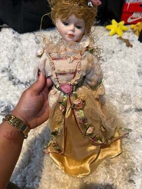 Vintage Porcelain Collectible Doll in Gold and Pink Dress with Flower Headpiece